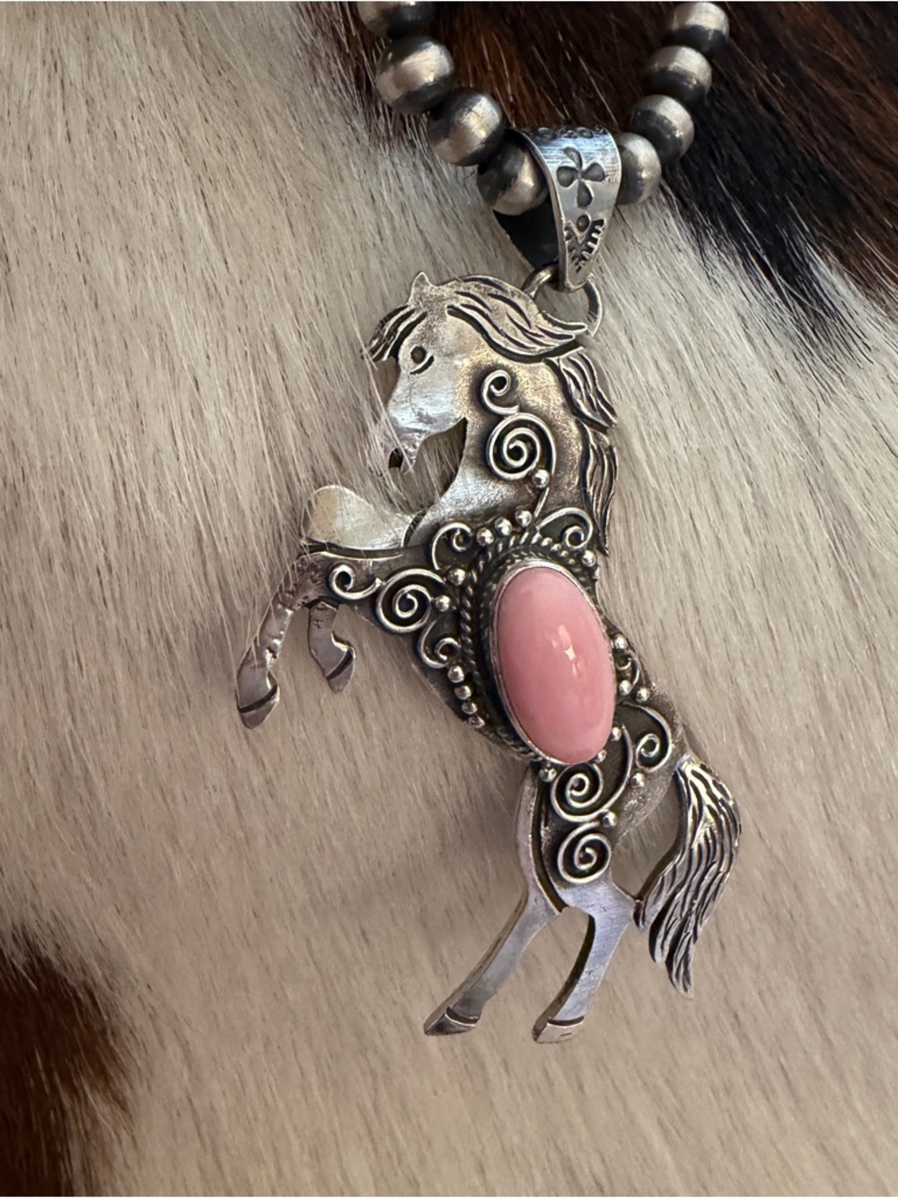 ❤️ Queen Pink Conch Sterling Hand Stamped Statement Rearing Horse Pendant 2.51”L - Picture 9 of 13